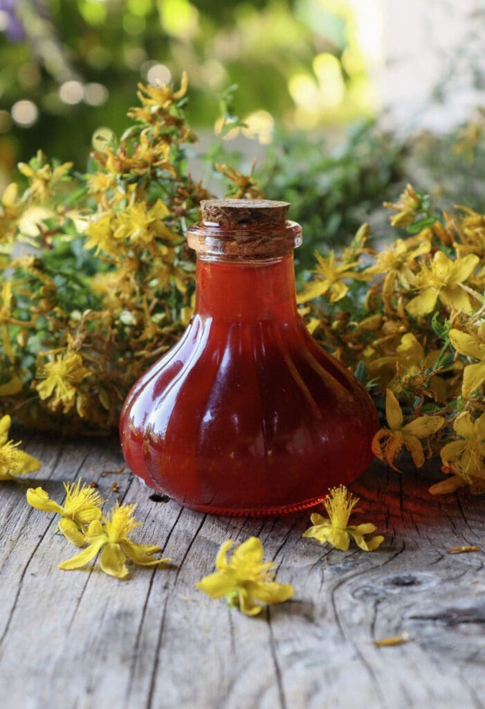 Solar infused St. John's Wort oil in a bottle